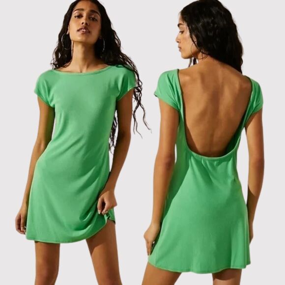 FP Beach Womens Dress Green Rosalia Low Back Mini Short Sleeve A Line Medium - Picture 1 of 12